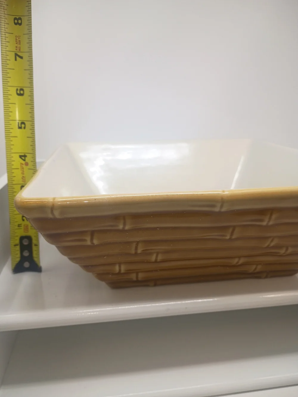 Home Studio Tan Ceramic Bamboo Basket-Style Serving Bowl
